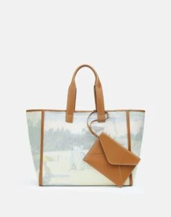 Postcards Print Canvas & Grained Calfskin Leather L Tote -Chic Daily Fashion a2523 hgbx cloud multi back