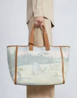 Postcards Print Canvas & Grained Calfskin Leather L Tote -Chic Daily Fashion a2523 hgbx cloud multi full2