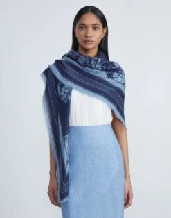 Postcards Print Cashmere-Silk Scarf -Chic Daily Fashion a2538 wvnx midnight blue multi full