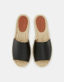 Grained Calfskin Leather Espadrille Slide -Chic Daily Fashion lf 0890 black detail