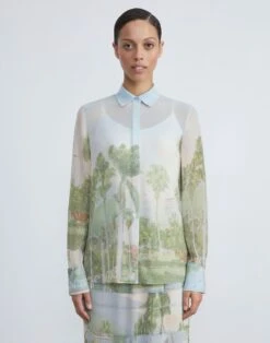 Postcards Print Chiffon Blouse -Chic Daily Fashion mbae3r 1x89 aerial blue multi