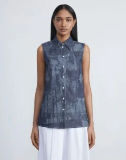 Postcards Laser Print Chambray Sleeveless Shirt -Chic Daily Fashion mbdv6a 1q59 shipyard indigo multi