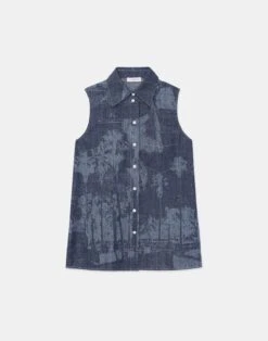 Postcards Laser Print Chambray Sleeveless Shirt