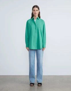 Organic Cotton Poplin Oversized Shirt -Chic Daily Fashion mbdy1r 1r48 viridian green full