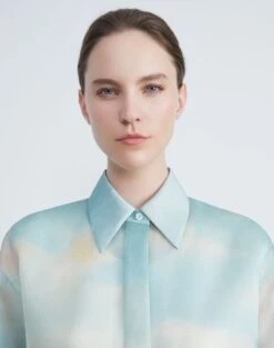 Sky Scene Print Silk Organza Oversized Tunic Blouse -Chic Daily Fashion mbdy9r 1x90 liberty green multi detail