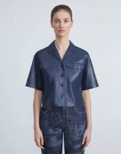 Nappa Leather Cropped Shirt -Chic Daily Fashion mbea7r l215 midnight blue