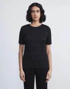 Satin Smocked Stripe Blouse -Chic Daily Fashion mbed6h 9327 black