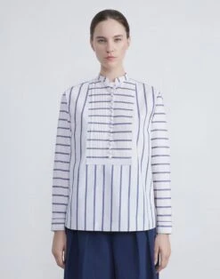 Double Stripe Cotton Poplin Popover Blouse -Chic Daily Fashion mbee2r 1x55 buff multi