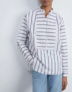 Double Stripe Cotton Poplin Popover Blouse -Chic Daily Fashion mbee2r 1x55 buff multi elevated