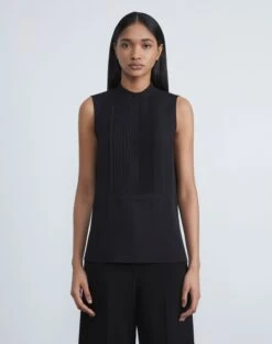 Organic Silk Stretch Georgette Pintuck Sleeveless Blouse -Chic Daily Fashion mbee3r 1u38 black