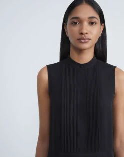 Organic Silk Stretch Georgette Pintuck Sleeveless Blouse -Chic Daily Fashion mbee3r 1u38 black detail