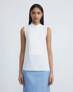 Organic Silk Stretch Georgette Pintuck Sleeveless Blouse -Chic Daily Fashion mbee3r 1u38 cloud