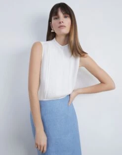 Organic Silk Stretch Georgette Pintuck Sleeveless Blouse -Chic Daily Fashion mbee3r 1u38 cloud elevated