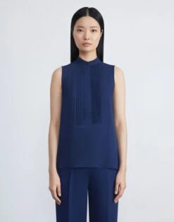 Organic Silk Stretch Georgette Pintuck Sleeveless Blouse -Chic Daily Fashion mbee3r 1u38 midnight blue