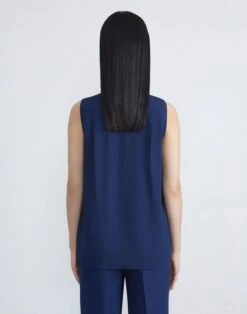 Organic Silk Stretch Georgette Pintuck Sleeveless Blouse -Chic Daily Fashion mbee3r 1u38 midnight blue back