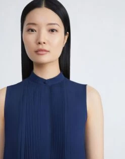 Organic Silk Stretch Georgette Pintuck Sleeveless Blouse -Chic Daily Fashion mbee3r 1u38 midnight blue detail