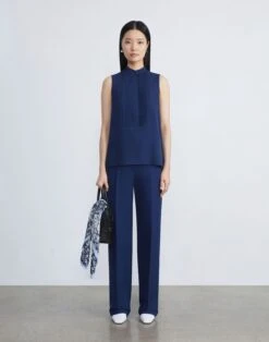 Organic Silk Stretch Georgette Pintuck Sleeveless Blouse -Chic Daily Fashion mbee3r 1u38 midnight blue full