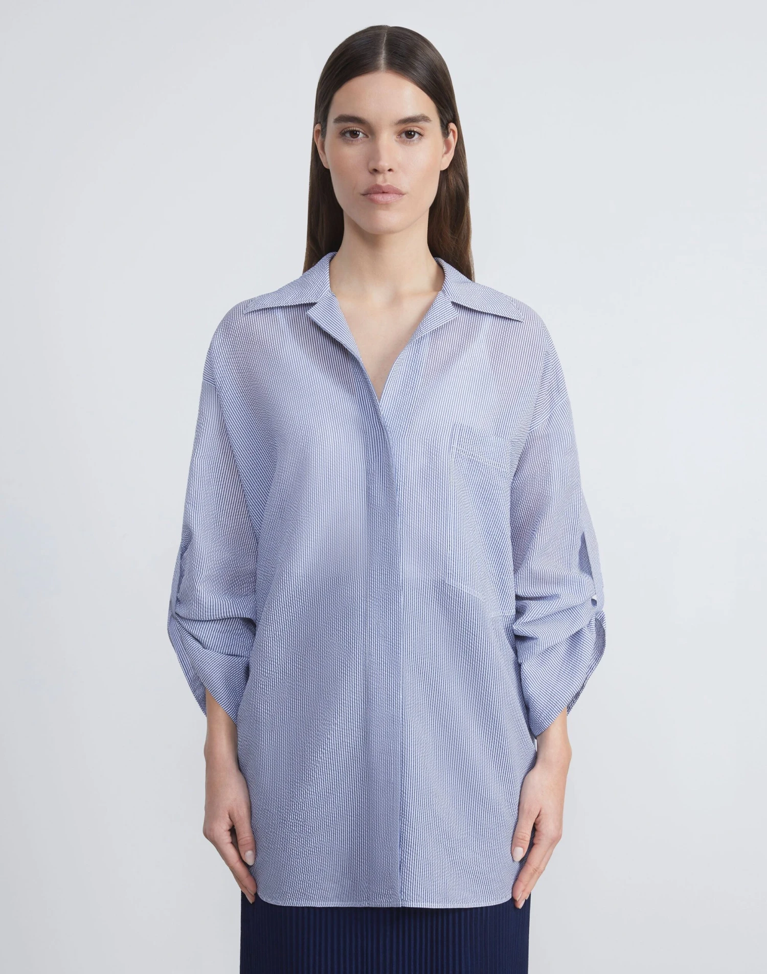 Silk-Cotton Seersucker Chiffon Tab Sleeve Oversized Blouse 3 Silk-Cotton Seersucker Chiffon Tab Sleeve Oversized Blouse - Image 3