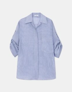 Silk-Cotton Seersucker Chiffon Tab Sleeve Oversized Blouse