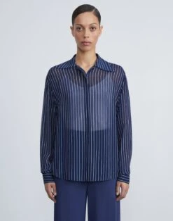 Fine Stripe Viscose Chiffon Collared Blouse -Chic Daily Fashion mbej3r 1x94 midnight blue multi