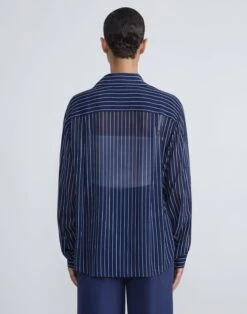 Fine Stripe Viscose Chiffon Collared Blouse -Chic Daily Fashion mbej3r 1x94 midnight blue multi back