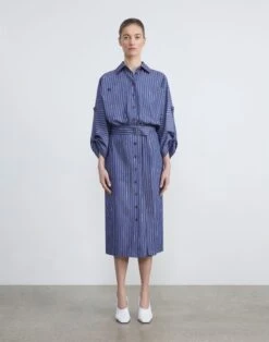 Pencil Stripe Cotton Tab Sleeve Shirtdress -Chic Daily Fashion mdcj1v 1x49 retro blue multi