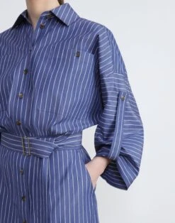 Pencil Stripe Cotton Tab Sleeve Shirtdress -Chic Daily Fashion mdcj1v 1x49 retro blue multi detail