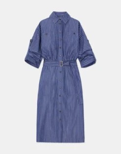 Pencil Stripe Cotton Tab Sleeve Shirtdress