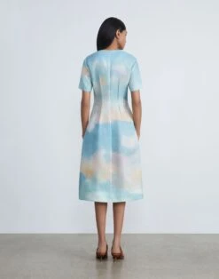 Sky Scene Print Silk Gazar Fit & Flare Dress -Chic Daily Fashion mdcz1r 1x91 liberty green multi back