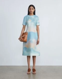 Sky Scene Print Silk Gazar Fit & Flare Dress -Chic Daily Fashion mdcz1r 1x91 liberty green multi full