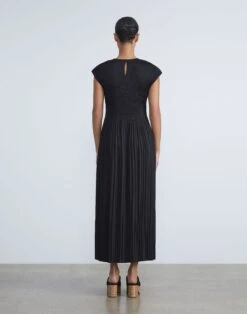 Satin Plissé Hand-Smocked Cap Sleeve Dress 9 Satin Plissé Hand-Smocked Cap Sleeve Dress -Chic Daily Fashion mddh3e 9327 black back