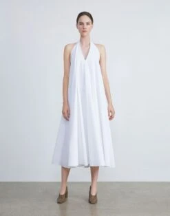 Organic Cotton Poplin Pleated Swing Dress -Chic Daily Fashion mddm4r 1r48 white