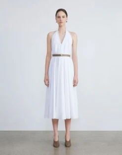 Organic Cotton Poplin Pleated Swing Dress -Chic Daily Fashion mddm4r 1r48 white full