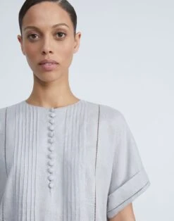 Vintage Linen Pintuck Popover Dress -Chic Daily Fashion mddm5h 1x58 pale grey detail