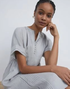 Vintage Linen Pintuck Popover Dress -Chic Daily Fashion mddm5h 1x58 pale grey elevated