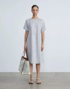 Vintage Linen Pintuck Popover Dress -Chic Daily Fashion mddm5h 1x58 pale grey full