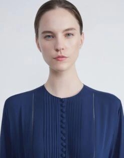 Organic Silk Georgette Pintuck Dress -Chic Daily Fashion mddm9h 1u38 midnight blue detail