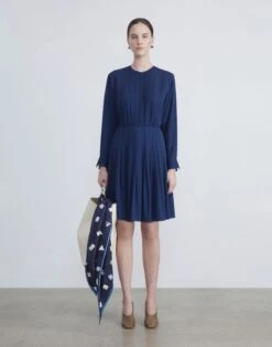 Organic Silk Georgette Pintuck Dress -Chic Daily Fashion mddm9h 1u38 midnight blue full