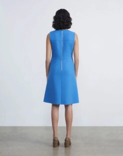 Responsible Wool Nouveau Crepe Sleeveless Dress -Chic Daily Fashion mddn8r 8036 sonic blue back