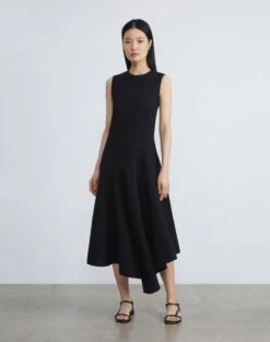 Responsible Wool Nouveau Crepe Asymmetric Dress -Chic Daily Fashion mddp8r 8036 black