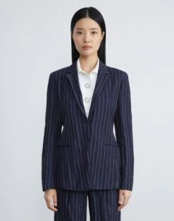 Utility Stripe Viscose-Cotton Belted Blazer -Chic Daily Fashion mjcw2h 1x78 midnight blue multi