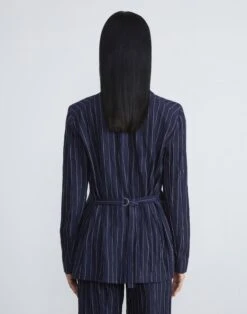 Utility Stripe Viscose-Cotton Belted Blazer -Chic Daily Fashion mjcw2h 1x78 midnight blue multi back