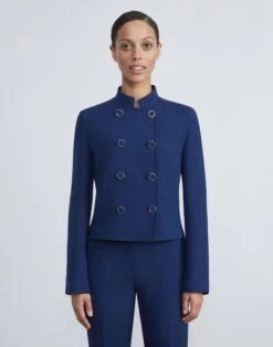 Wool-Silk Crepe Double Breasted Cropped Jacket -Chic Daily Fashion mjcw4r 1u35 midnight blue