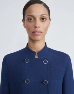 Wool-Silk Crepe Double Breasted Cropped Jacket -Chic Daily Fashion mjcw4r 1u35 midnight blue detail