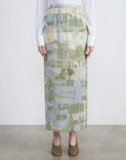 Postcards Print Chiffon Pintuck Skirt -Chic Daily Fashion msn42h 1y29 aerial blue multi