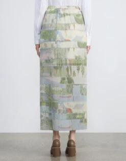 Postcards Print Chiffon Pintuck Skirt -Chic Daily Fashion msn42h 1y29 aerial blue multi back