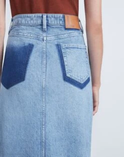 L148 Denim Two-Tone Front Slit Long Skirt -Chic Daily Fashion msn88w 1m79 stonewash blue detail2