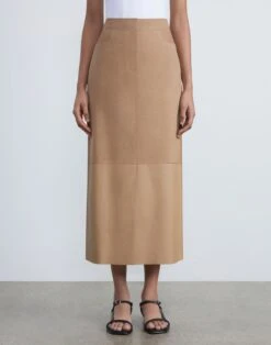 Nubuck Suede & Nappa Leather Two-Tone Midi Skirt -Chic Daily Fashion msn97r l078 oat