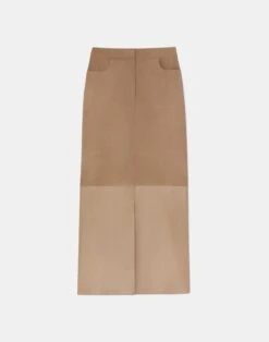 Nubuck Suede & Nappa Leather Two-Tone Midi Skirt