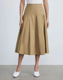 Organic Cotton Poplin Pleated Skirt -Chic Daily Fashion msp18h 1r48 cadet khaki